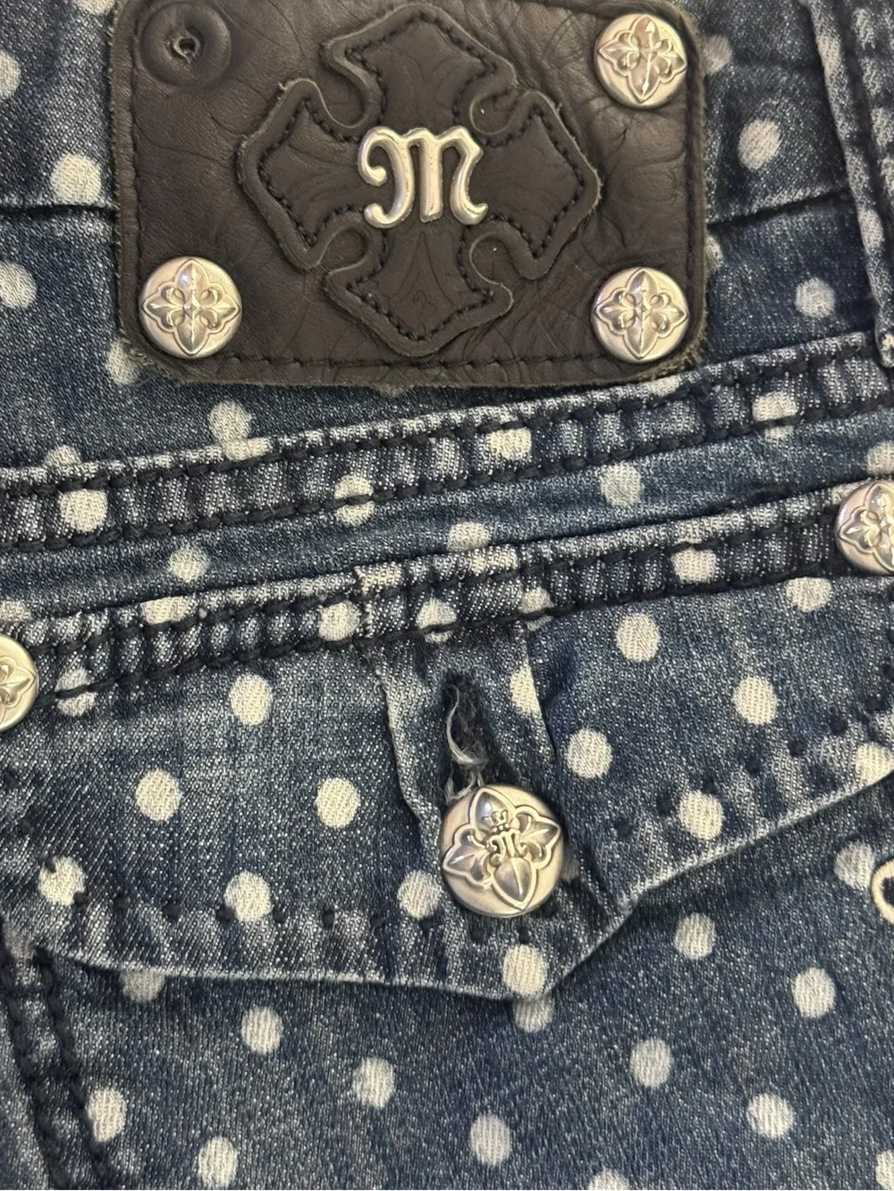 Miss Me Dark Blue Polka Dot Denim Shorts 26 - Picture 3 of 5